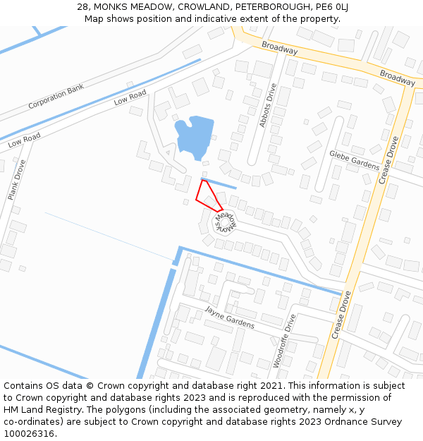 28, MONKS MEADOW, CROWLAND, PETERBOROUGH, PE6 0LJ: Location map and indicative extent of plot