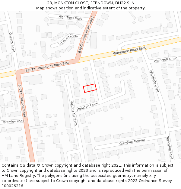 28, MONKTON CLOSE, FERNDOWN, BH22 9LN: Location map and indicative extent of plot