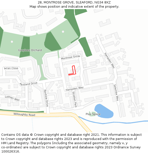 28, MONTROSE GROVE, SLEAFORD, NG34 8XZ: Location map and indicative extent of plot