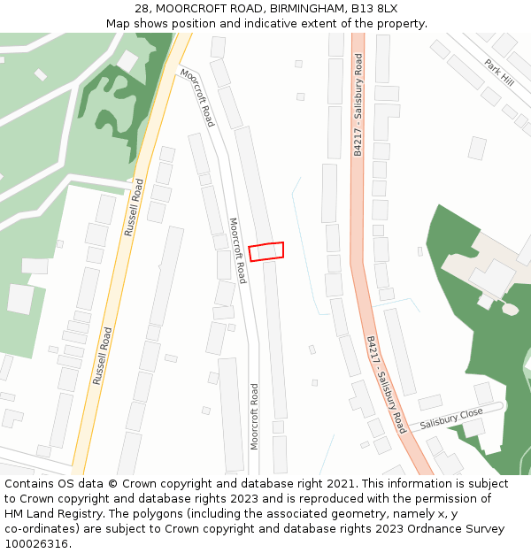 28, MOORCROFT ROAD, BIRMINGHAM, B13 8LX: Location map and indicative extent of plot