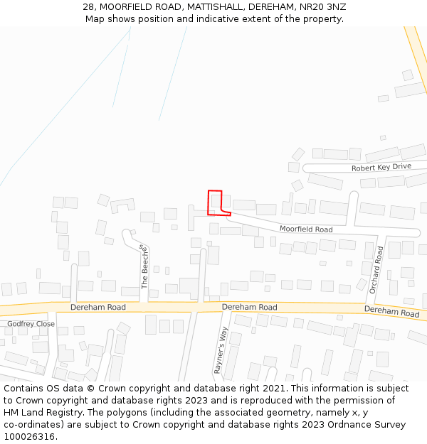 28, MOORFIELD ROAD, MATTISHALL, DEREHAM, NR20 3NZ: Location map and indicative extent of plot