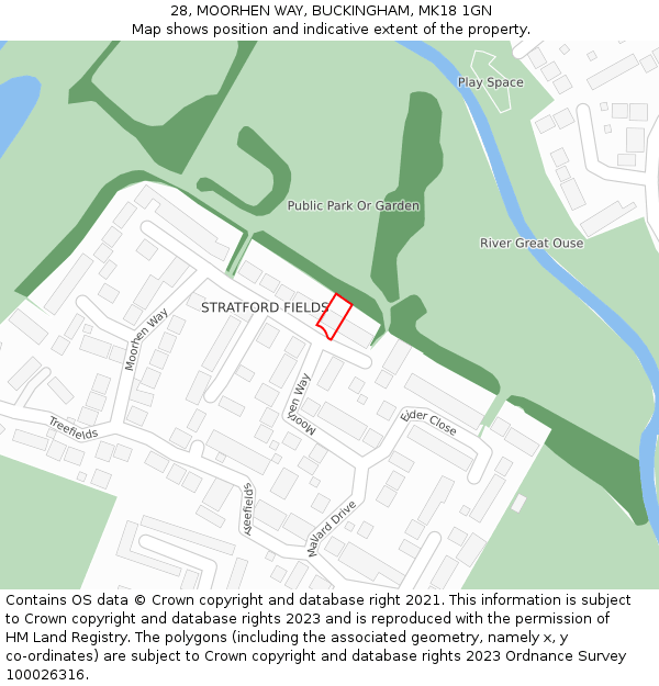 28, MOORHEN WAY, BUCKINGHAM, MK18 1GN: Location map and indicative extent of plot