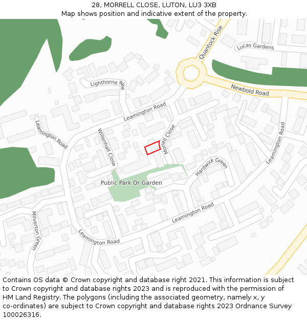 28, MORRELL CLOSE, LUTON, LU3 3XB: Location map and indicative extent of plot