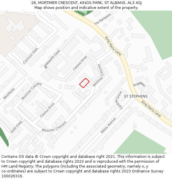 28, MORTIMER CRESCENT, KINGS PARK, ST ALBANS, AL3 4GJ: Location map and indicative extent of plot