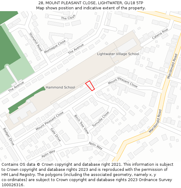 28, MOUNT PLEASANT CLOSE, LIGHTWATER, GU18 5TP: Location map and indicative extent of plot