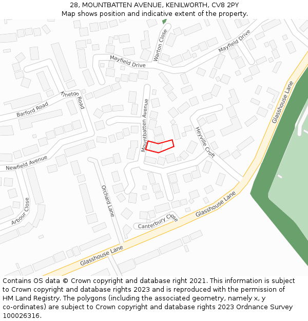 28, MOUNTBATTEN AVENUE, KENILWORTH, CV8 2PY: Location map and indicative extent of plot