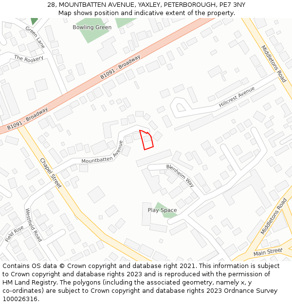 28, MOUNTBATTEN AVENUE, YAXLEY, PETERBOROUGH, PE7 3NY: Location map and indicative extent of plot