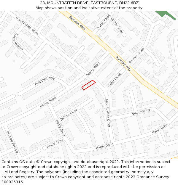 28, MOUNTBATTEN DRIVE, EASTBOURNE, BN23 6BZ: Location map and indicative extent of plot