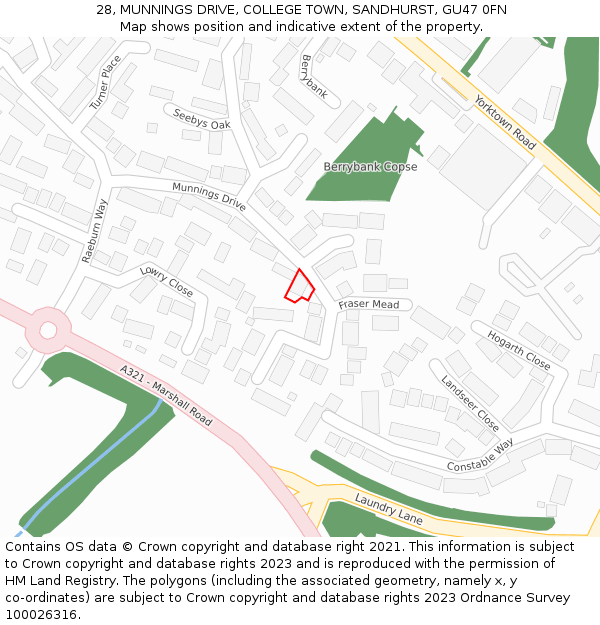 28, MUNNINGS DRIVE, COLLEGE TOWN, SANDHURST, GU47 0FN: Location map and indicative extent of plot