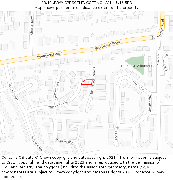 28, MURRAY CRESCENT, COTTINGHAM, HU16 5ED: Location map and indicative extent of plot
