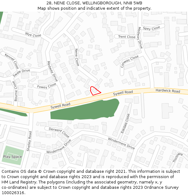 28, NENE CLOSE, WELLINGBOROUGH, NN8 5WB: Location map and indicative extent of plot