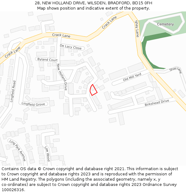 28, NEW HOLLAND DRIVE, WILSDEN, BRADFORD, BD15 0FH: Location map and indicative extent of plot