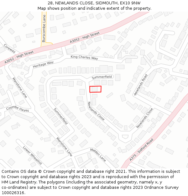 28, NEWLANDS CLOSE, SIDMOUTH, EX10 9NW: Location map and indicative extent of plot