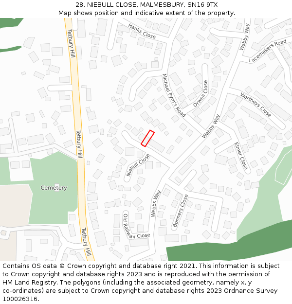 28, NIEBULL CLOSE, MALMESBURY, SN16 9TX: Location map and indicative extent of plot