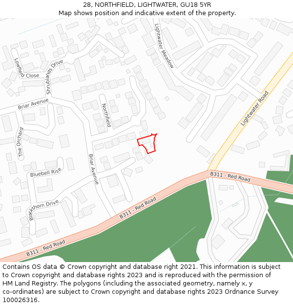 28, NORTHFIELD, LIGHTWATER, GU18 5YR: Location map and indicative extent of plot