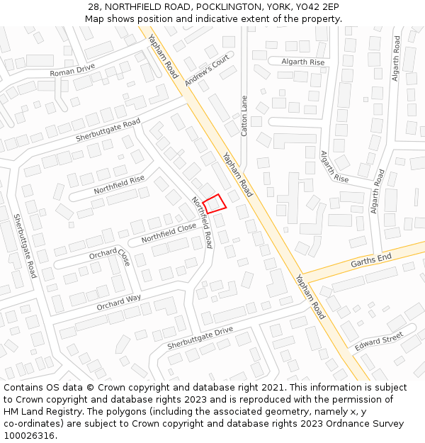 28, NORTHFIELD ROAD, POCKLINGTON, YORK, YO42 2EP: Location map and indicative extent of plot