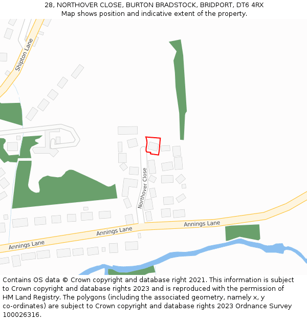 28, NORTHOVER CLOSE, BURTON BRADSTOCK, BRIDPORT, DT6 4RX: Location map and indicative extent of plot