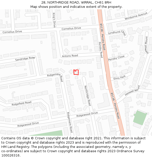 28, NORTHRIDGE ROAD, WIRRAL, CH61 8RH: Location map and indicative extent of plot