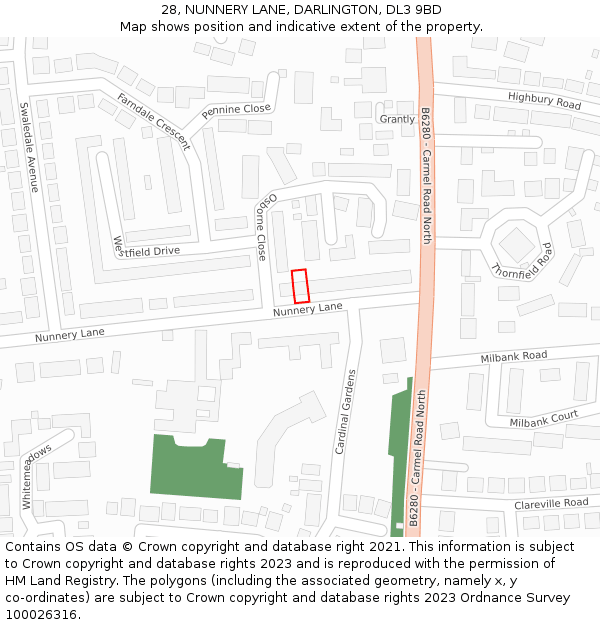 28, NUNNERY LANE, DARLINGTON, DL3 9BD: Location map and indicative extent of plot