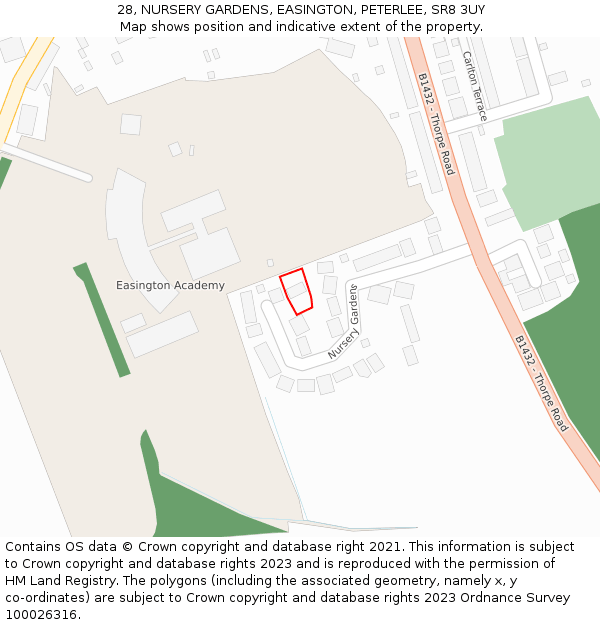 28, NURSERY GARDENS, EASINGTON, PETERLEE, SR8 3UY: Location map and indicative extent of plot