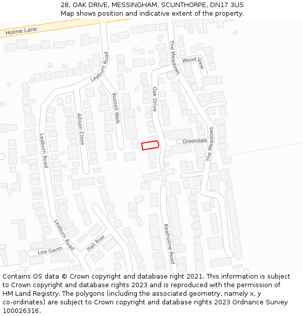 28, OAK DRIVE, MESSINGHAM, SCUNTHORPE, DN17 3US: Location map and indicative extent of plot