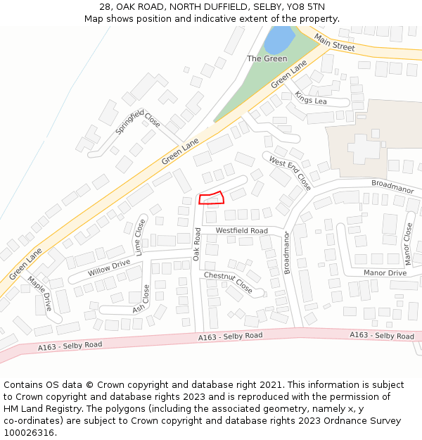 28, OAK ROAD, NORTH DUFFIELD, SELBY, YO8 5TN: Location map and indicative extent of plot