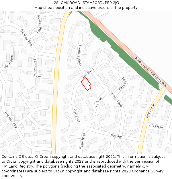 28, OAK ROAD, STAMFORD, PE9 2JG: Location map and indicative extent of plot