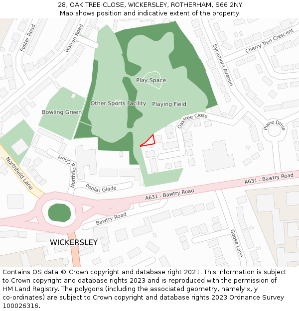 28, OAK TREE CLOSE, WICKERSLEY, ROTHERHAM, S66 2NY: Location map and indicative extent of plot