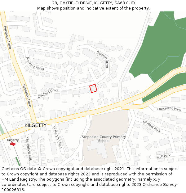 28, OAKFIELD DRIVE, KILGETTY, SA68 0UD: Location map and indicative extent of plot