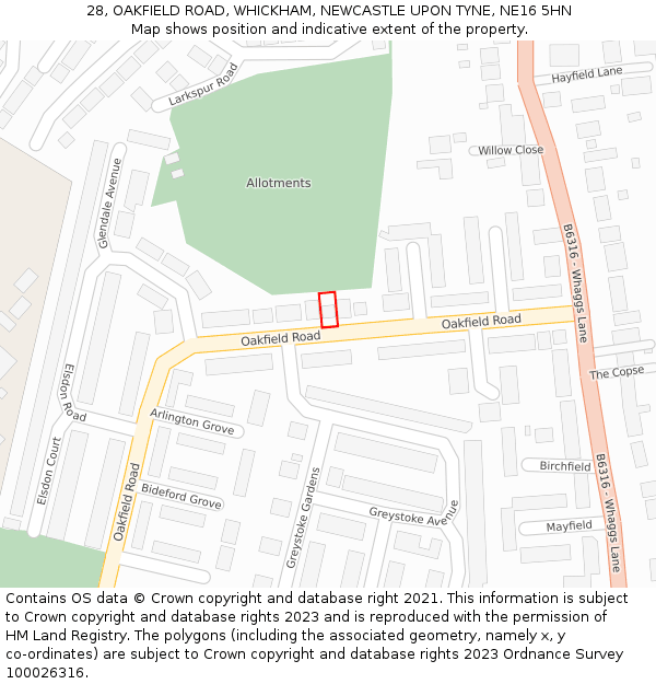 28, OAKFIELD ROAD, WHICKHAM, NEWCASTLE UPON TYNE, NE16 5HN: Location map and indicative extent of plot