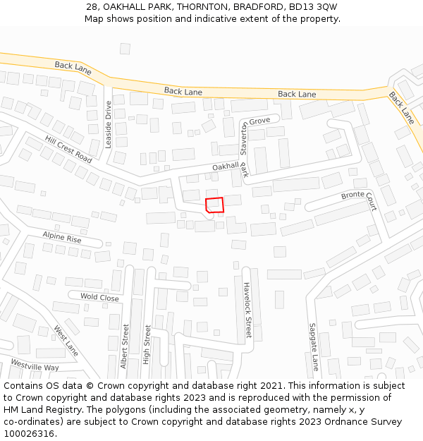 28, OAKHALL PARK, THORNTON, BRADFORD, BD13 3QW: Location map and indicative extent of plot