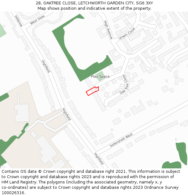 28, OAKTREE CLOSE, LETCHWORTH GARDEN CITY, SG6 3XY: Location map and indicative extent of plot
