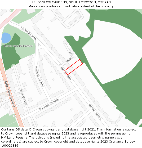 28, ONSLOW GARDENS, SOUTH CROYDON, CR2 9AB: Location map and indicative extent of plot