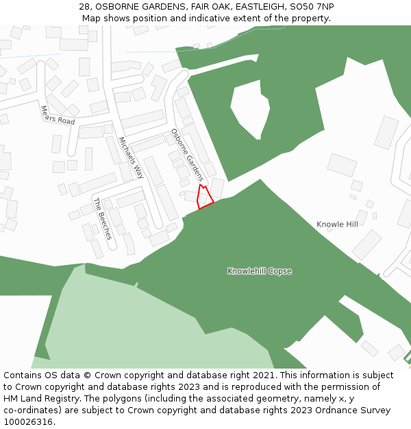 28, OSBORNE GARDENS, FAIR OAK, EASTLEIGH, SO50 7NP: Location map and indicative extent of plot