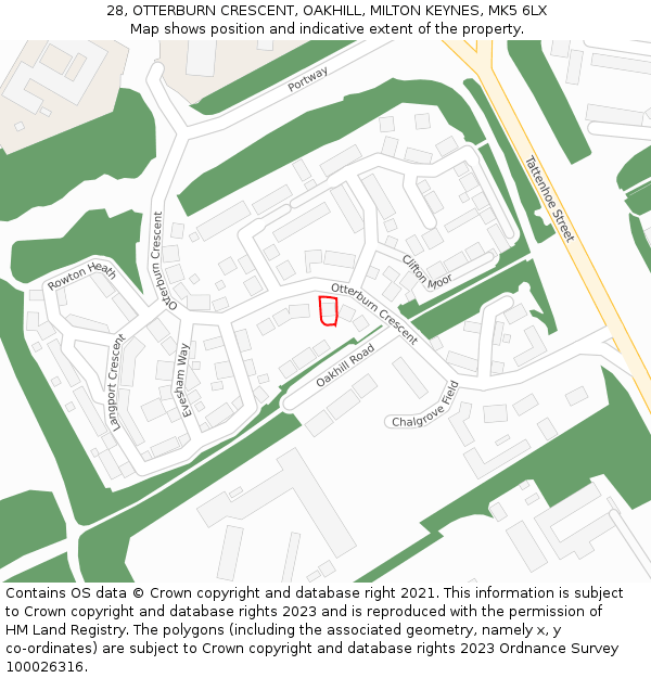 28, OTTERBURN CRESCENT, OAKHILL, MILTON KEYNES, MK5 6LX: Location map and indicative extent of plot