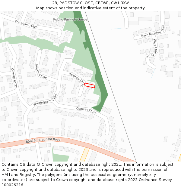 28, PADSTOW CLOSE, CREWE, CW1 3XW: Location map and indicative extent of plot