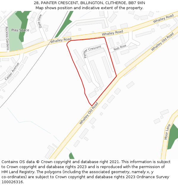 28, PAINTER CRESCENT, BILLINGTON, CLITHEROE, BB7 9XN: Location map and indicative extent of plot