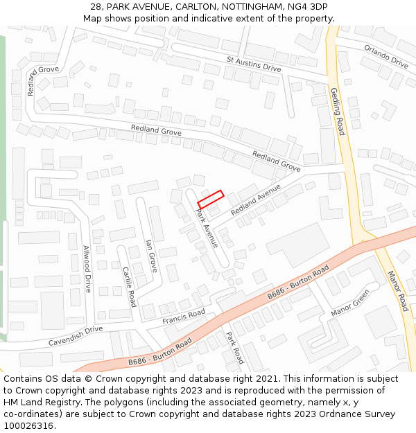 28, PARK AVENUE, CARLTON, NOTTINGHAM, NG4 3DP: Location map and indicative extent of plot