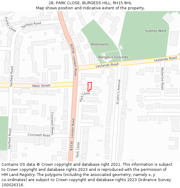 28, PARK CLOSE, BURGESS HILL, RH15 8HL: Location map and indicative extent of plot