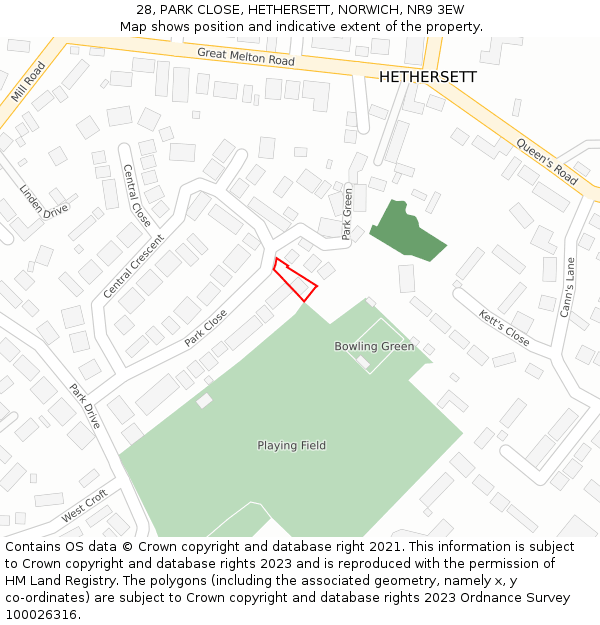 28, PARK CLOSE, HETHERSETT, NORWICH, NR9 3EW: Location map and indicative extent of plot