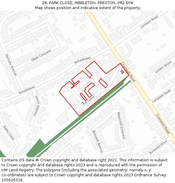 28, PARK CLOSE, RIBBLETON, PRESTON, PR2 6YW: Location map and indicative extent of plot