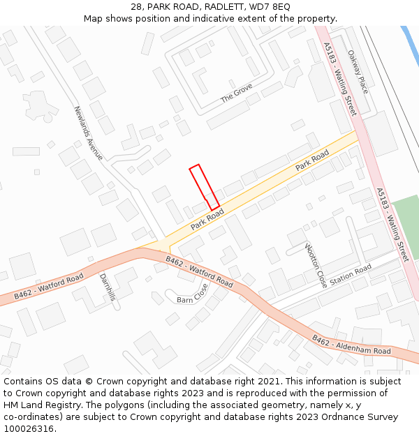 28, PARK ROAD, RADLETT, WD7 8EQ: Location map and indicative extent of plot