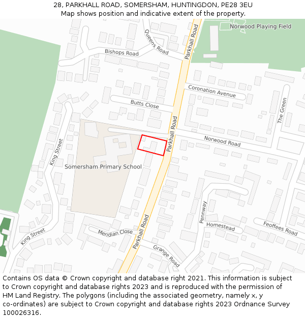 28, PARKHALL ROAD, SOMERSHAM, HUNTINGDON, PE28 3EU: Location map and indicative extent of plot