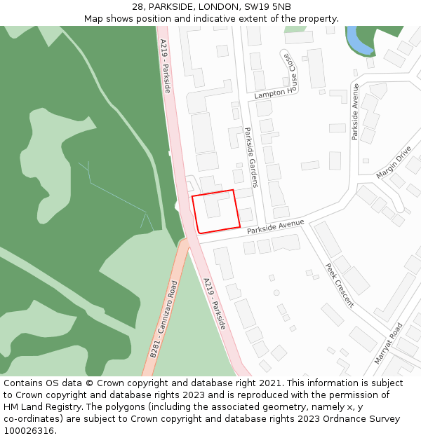 28, PARKSIDE, LONDON, SW19 5NB: Location map and indicative extent of plot