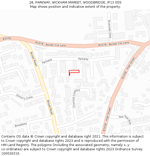 28, PARKWAY, WICKHAM MARKET, WOODBRIDGE, IP13 0SS: Location map and indicative extent of plot