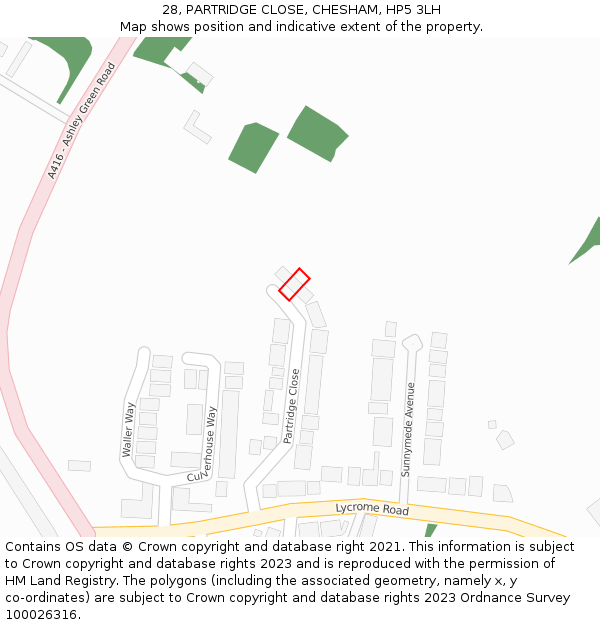 28, PARTRIDGE CLOSE, CHESHAM, HP5 3LH: Location map and indicative extent of plot