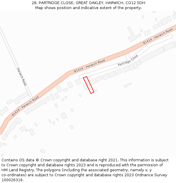 28, PARTRIDGE CLOSE, GREAT OAKLEY, HARWICH, CO12 5DH: Location map and indicative extent of plot