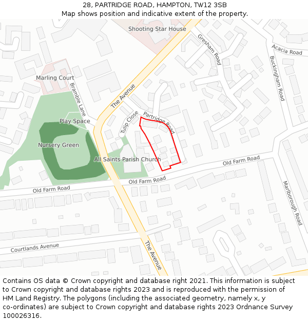 28, PARTRIDGE ROAD, HAMPTON, TW12 3SB: Location map and indicative extent of plot