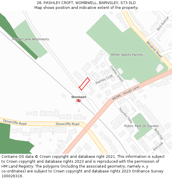 28, PASHLEY CROFT, WOMBWELL, BARNSLEY, S73 0LD: Location map and indicative extent of plot