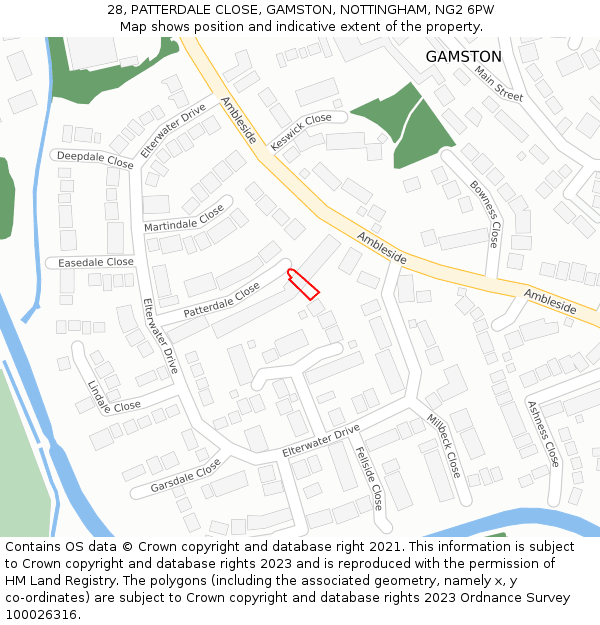 28, PATTERDALE CLOSE, GAMSTON, NOTTINGHAM, NG2 6PW: Location map and indicative extent of plot